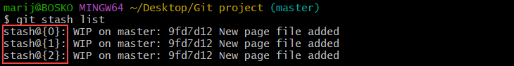 Show a list of existing git stashes.