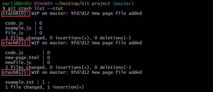 Showing the stats for Git stashes.