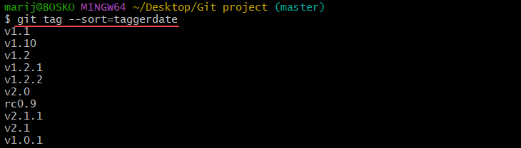 Sorting Git tags by creation date.