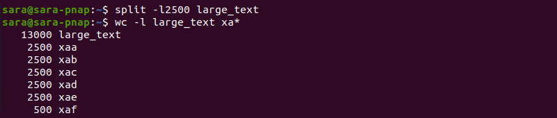 split l wc l terminal output