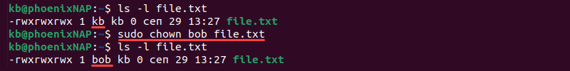 sudo chown bob file.txt terminal output