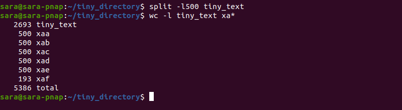 split l wc l tiny text terminal output