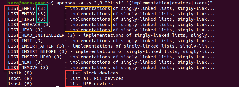apropos long regex command terminal output