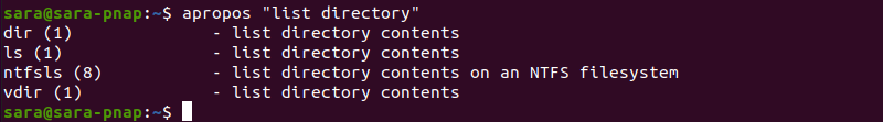 apropos 'list directory" terminal output