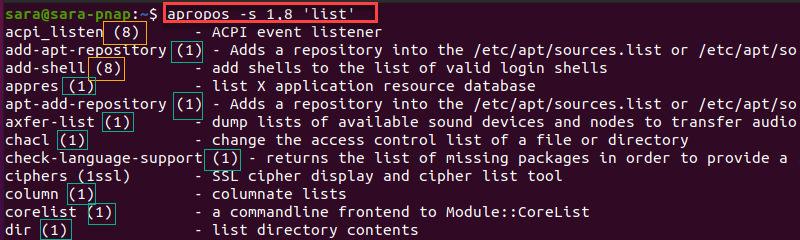 apropos -s terminal output