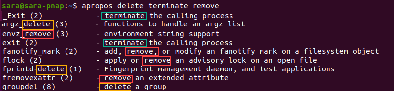 apropos three keywords terminal output