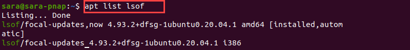 apt list lsof terminal output