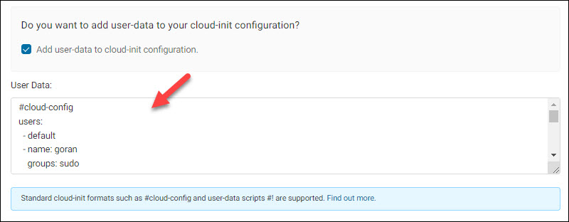 The field for adding cloud-init script content