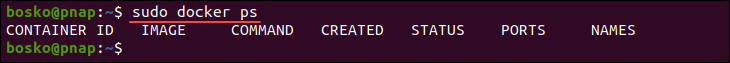 Listing active Docker containers on Ubuntu.