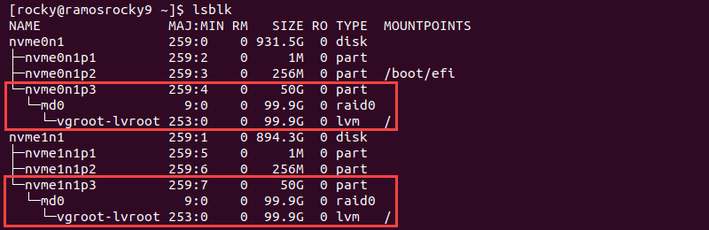 lsblk Rocky Linux installed from RAM OS terminal output