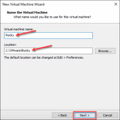 Providing the guest OS name (Rocky) and installation location