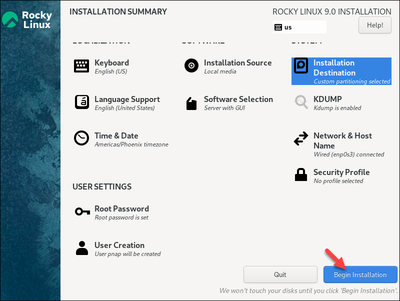 Starting the installation of Rocky Linux 9.