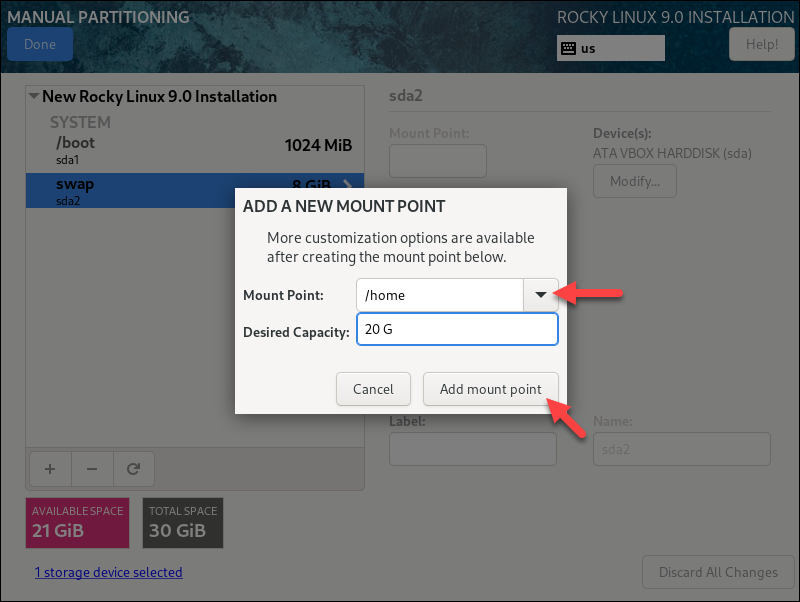 Creating custom partitions for Rocky Linux.