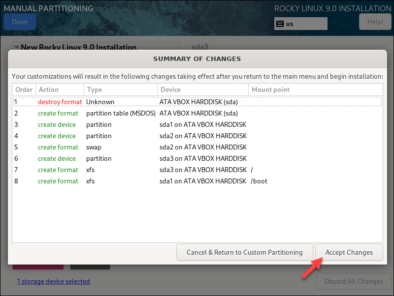 Summary of disk changes after creating custom partitions.