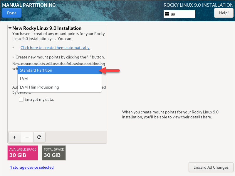 Selecting a custom partitioning scheme for Rocky Linux installation.