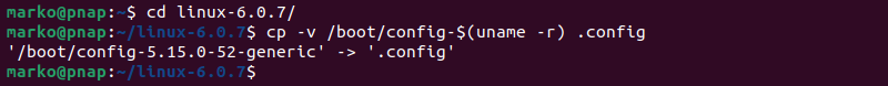 Navigating to the kernel folder and copying configuration file.