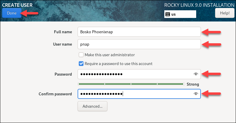 Creating a user for Rocky Linux.