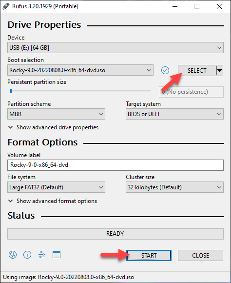 Creating a bootable USB drive in Rufus.