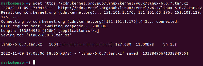 Using the wget command to download the source code.