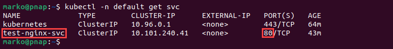 Listing the services running in the default namespace of the cluster.