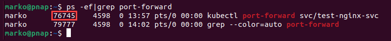 Finding the PID of the port-forwarding process.