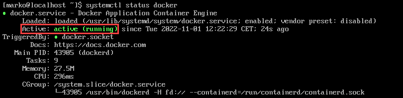 Checking Docker service status on Rocky Linux.