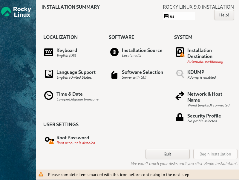 Rocky Linux installation summary menu with configurable parameters.