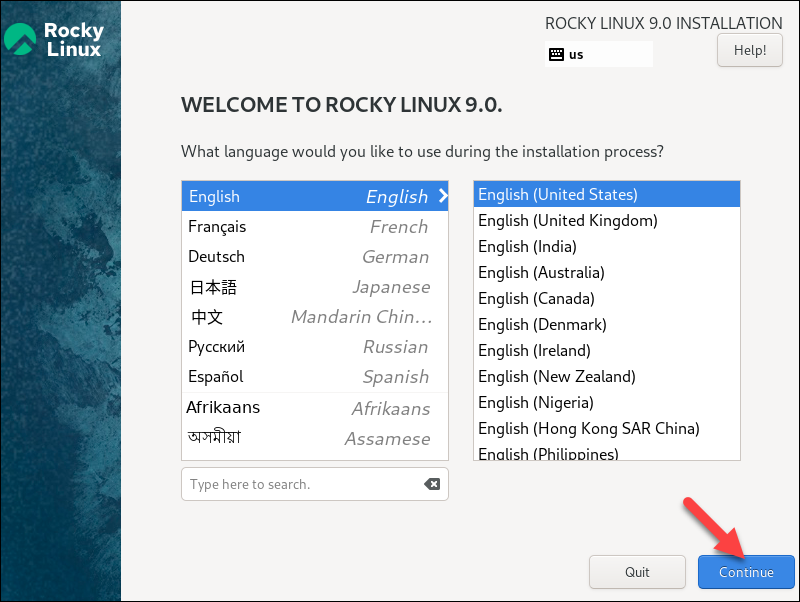 Selecting the installation language.