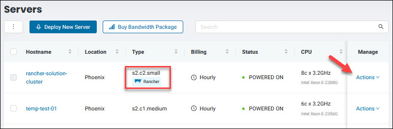 The Actions menu in the Servers page in the BMC portal.