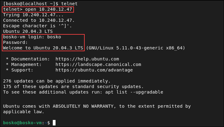 Connecting to a remote machine using telnet.