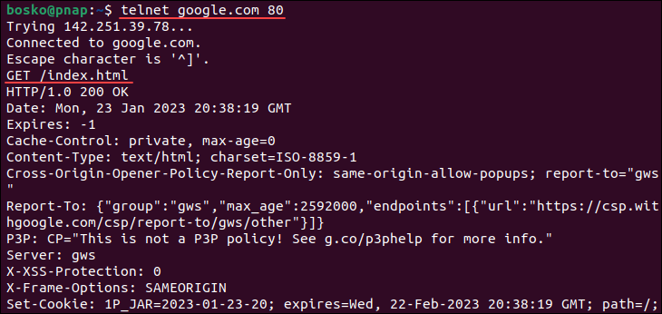 Downloading the HTML source code of a page using telnet.