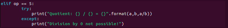 Python calculator division by zero try except code