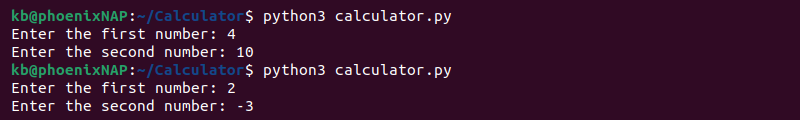 Python enter two numbers calculator terminal output