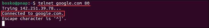 Connecting to port 80 via telnet.