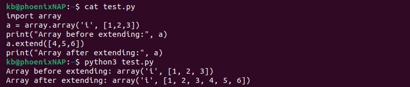 Array extend method code and terminal output