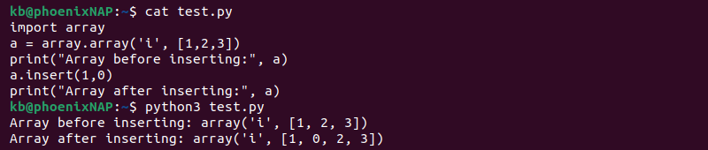 Array insert method code and terminal output