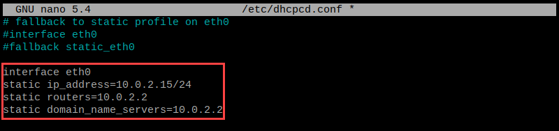 Editing the network settings file to set up a static IP address on Raspberry Pi.