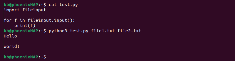 fileinput.input command line arguments code and terminal output