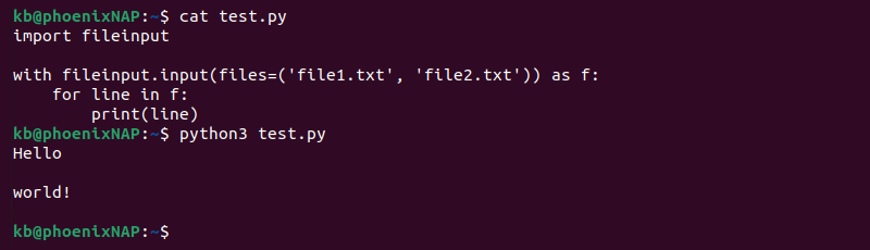 fileinput.input function arguments code and terminal output