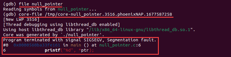 gdb SIGSEGV error output