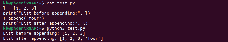 List append method code and terminal output