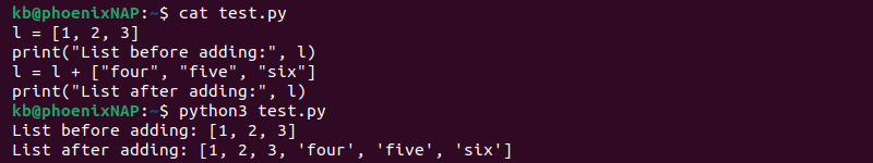 List append multiple plus operator code and terminal output