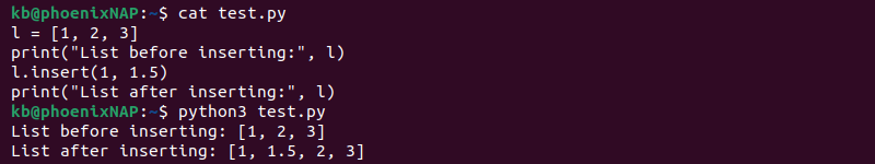 List insert method code and terminal output