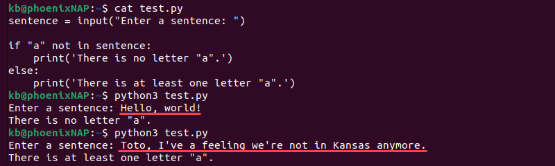 not operator with in python code and terminal output