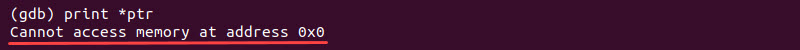 null pointer memory address print gdb