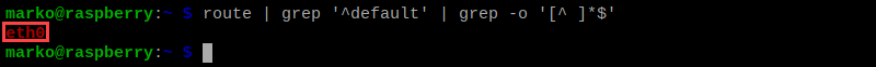 Finding the name of the default network interface.