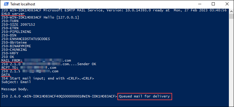 Testing the SMTP configuration using Telnet.