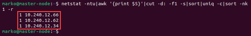 Using netstat command to see active connections and their IP addresses.