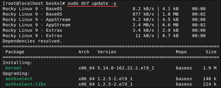 Updating the package repository on Rocky Linux.