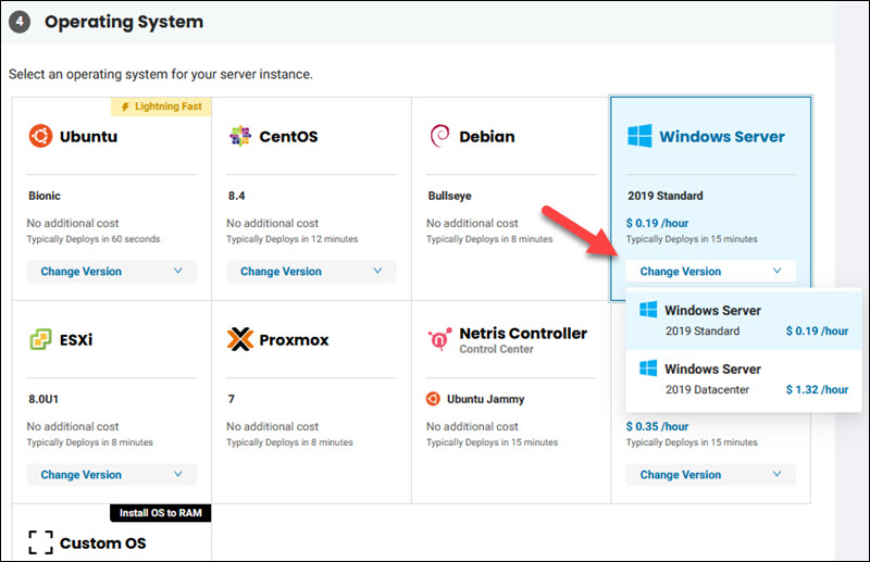 Windows OS selection in BMC portal